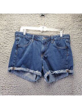 &Denim Shorts Womens US 8 Blue Regular-Waist Distressed Rolled-Hem Denim Casual
